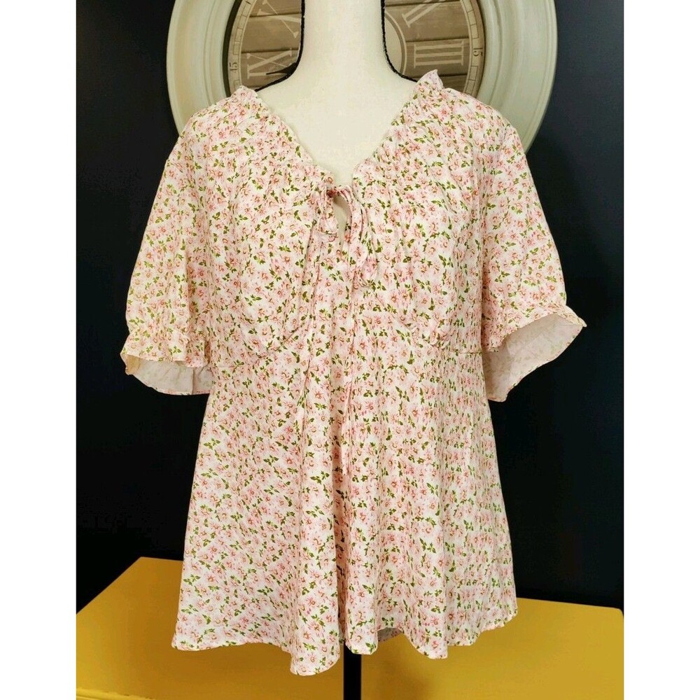 Babydoll Top Women's Size 2XL Floral Short Sleeve Ruffles Cottage Core Feminine